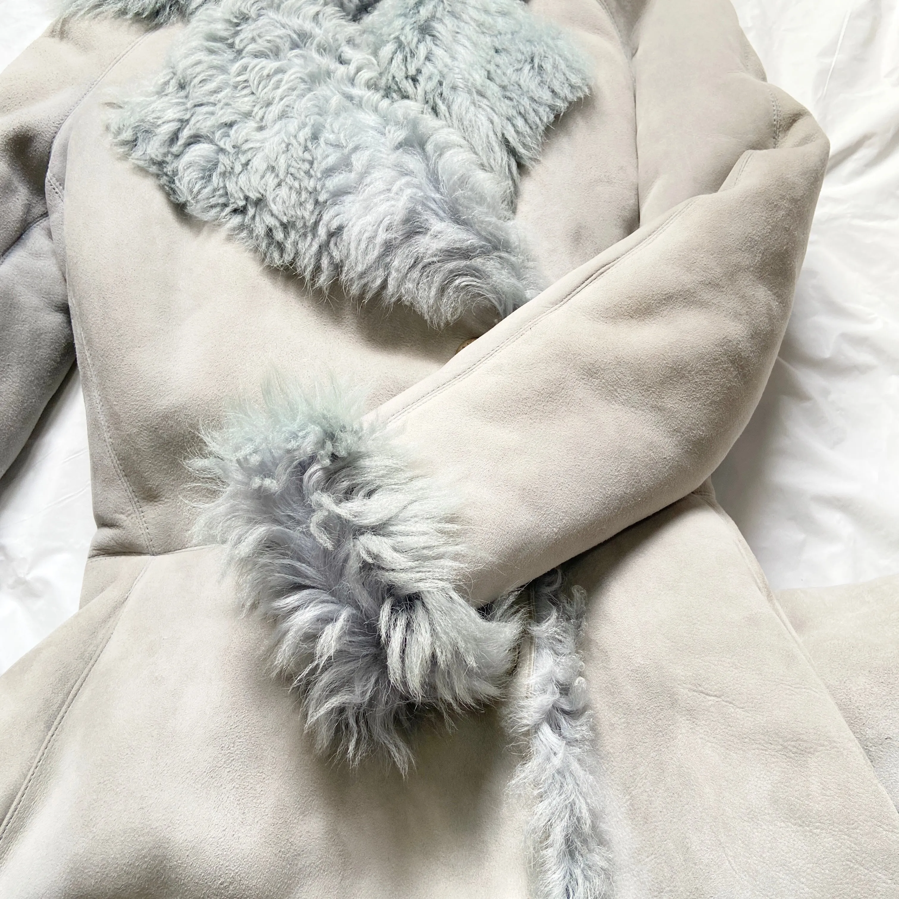 Alaïa mint blue shearling fur trimlambskin coat jacket
