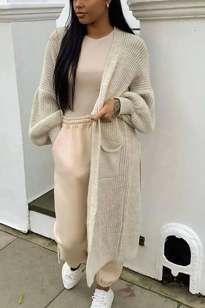 Beige Casual Knit Puff Sleeve Loose Cardigan