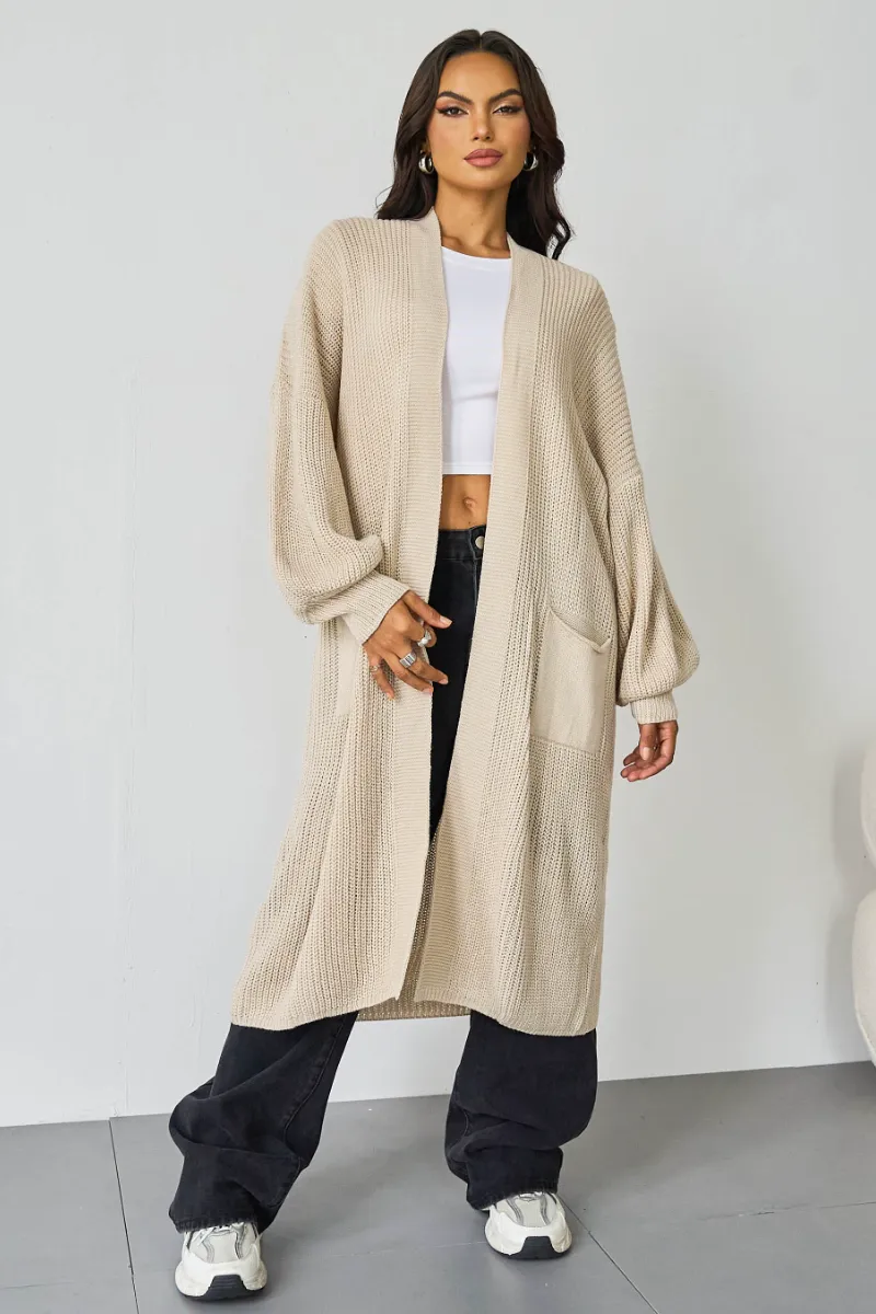 Beige Casual Knit Puff Sleeve Loose Cardigan