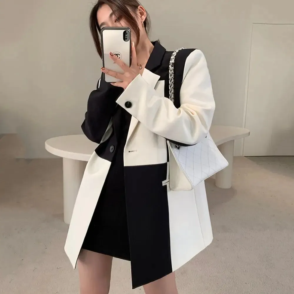 Black And White Long Sleeve Asymmetrical Blazer