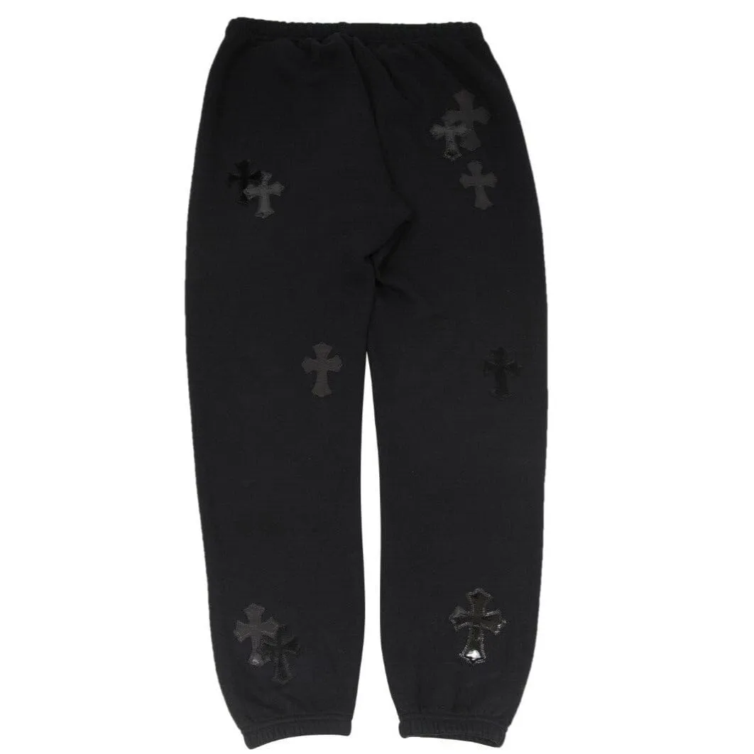 Black Patent Leather Pony Hair Cross Patches Sweatpants