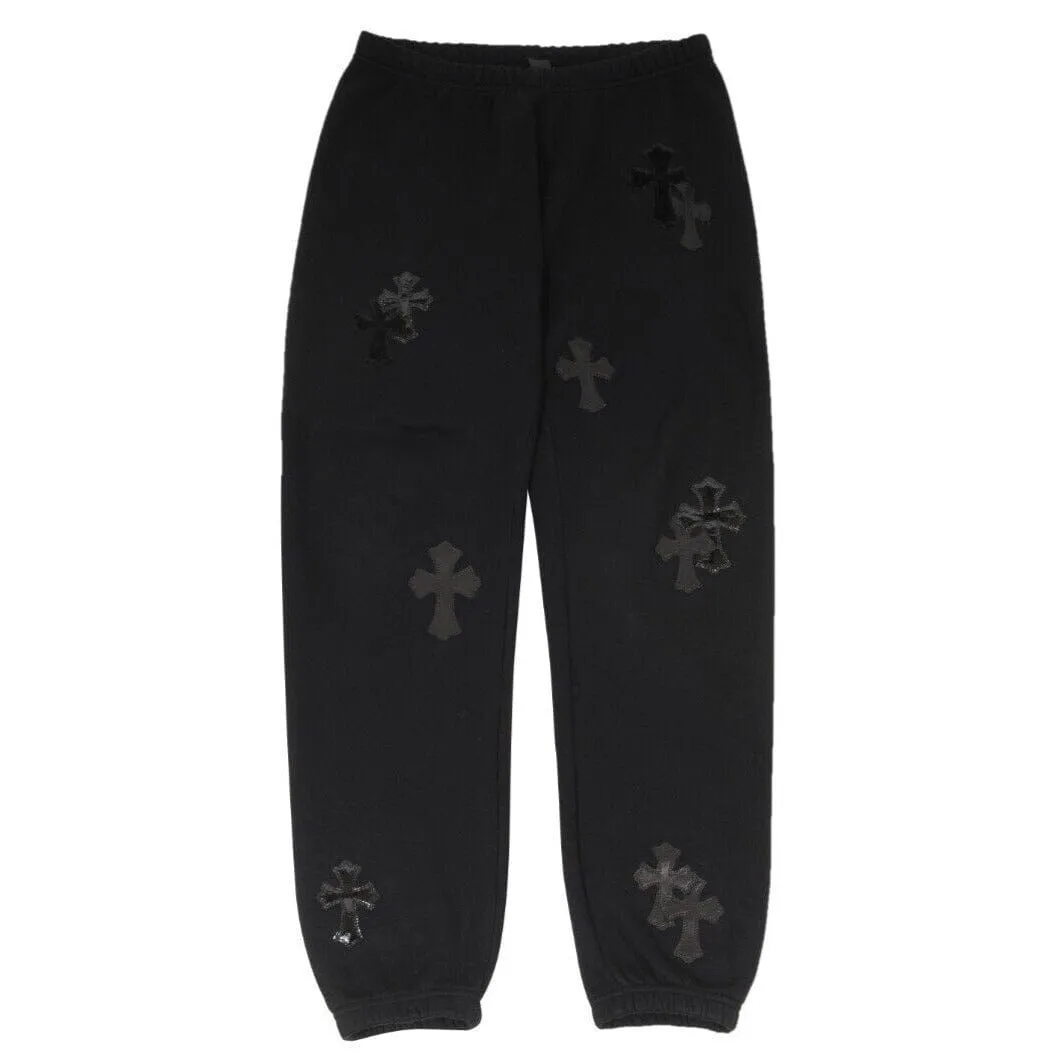 Black Patent Leather Pony Hair Cross Patches Sweatpants