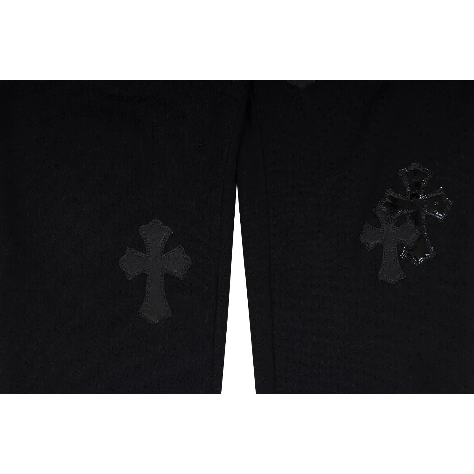 Black Patent Leather Pony Hair Cross Patches Sweatpants