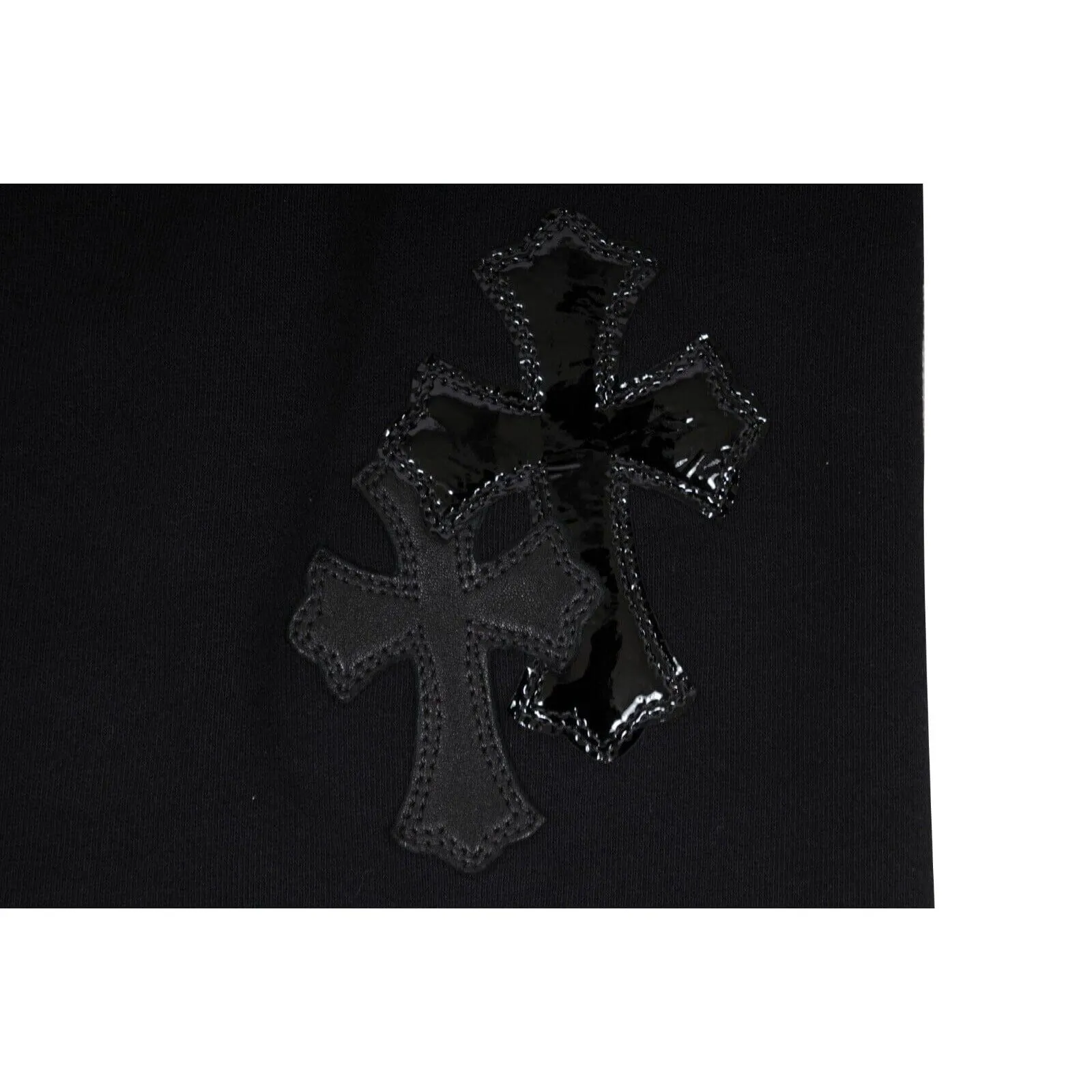 Black Patent Leather Pony Hair Cross Patches Sweatpants