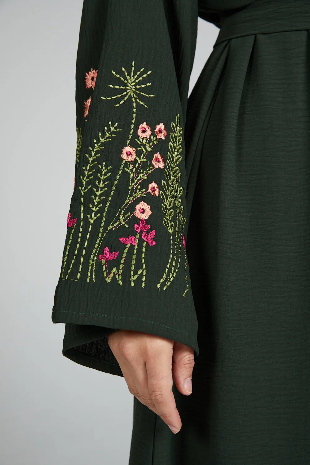Blooming Embroidered Four Piece Open Abaya Set - Forest Green
