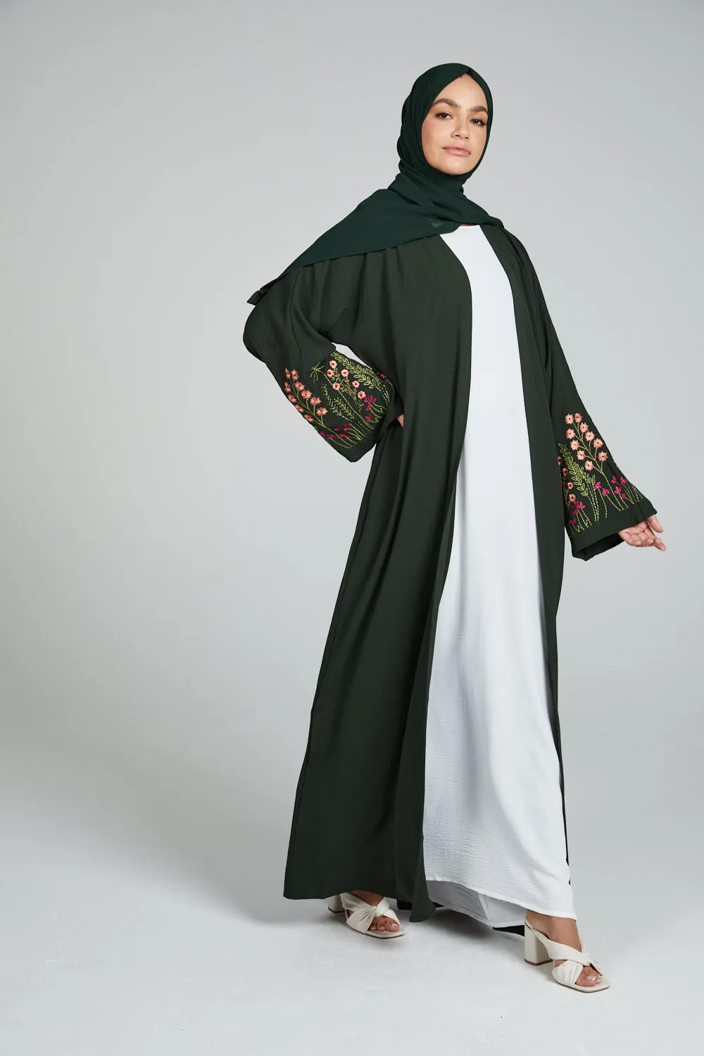 Blooming Embroidered Four Piece Open Abaya Set - Forest Green