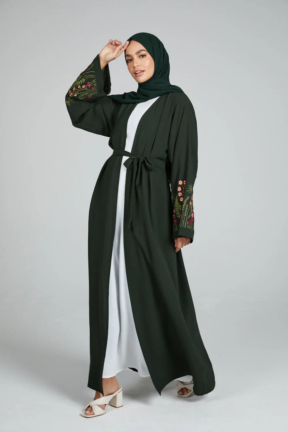 Blooming Embroidered Four Piece Open Abaya Set - Forest Green