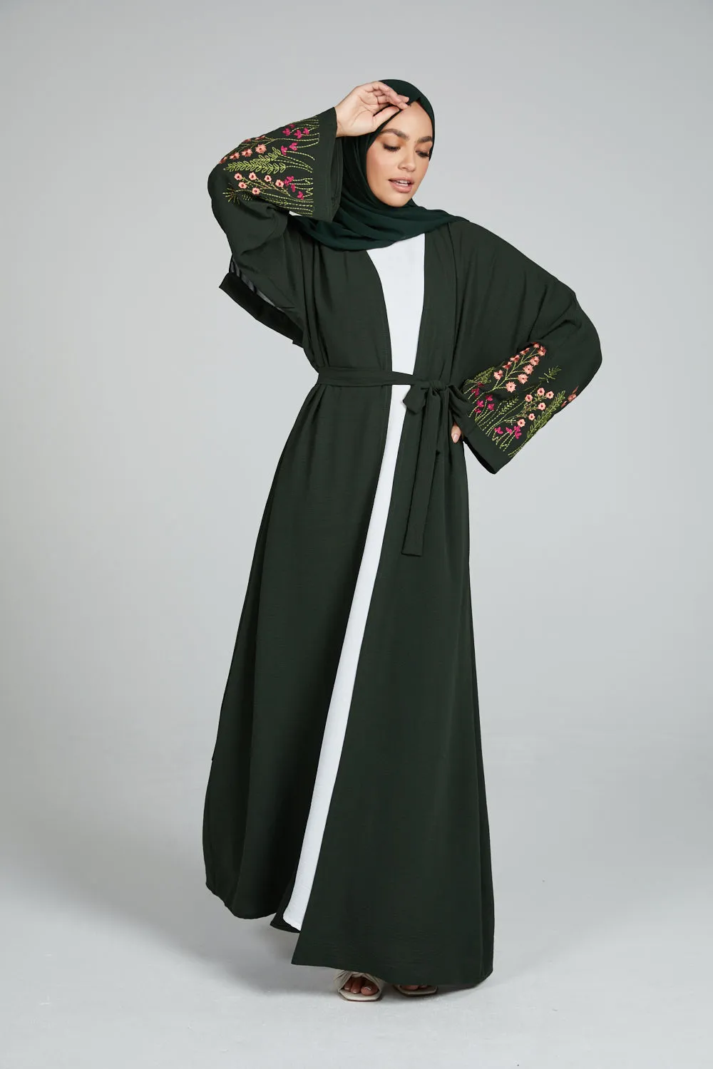 Blooming Embroidered Four Piece Open Abaya Set - Forest Green