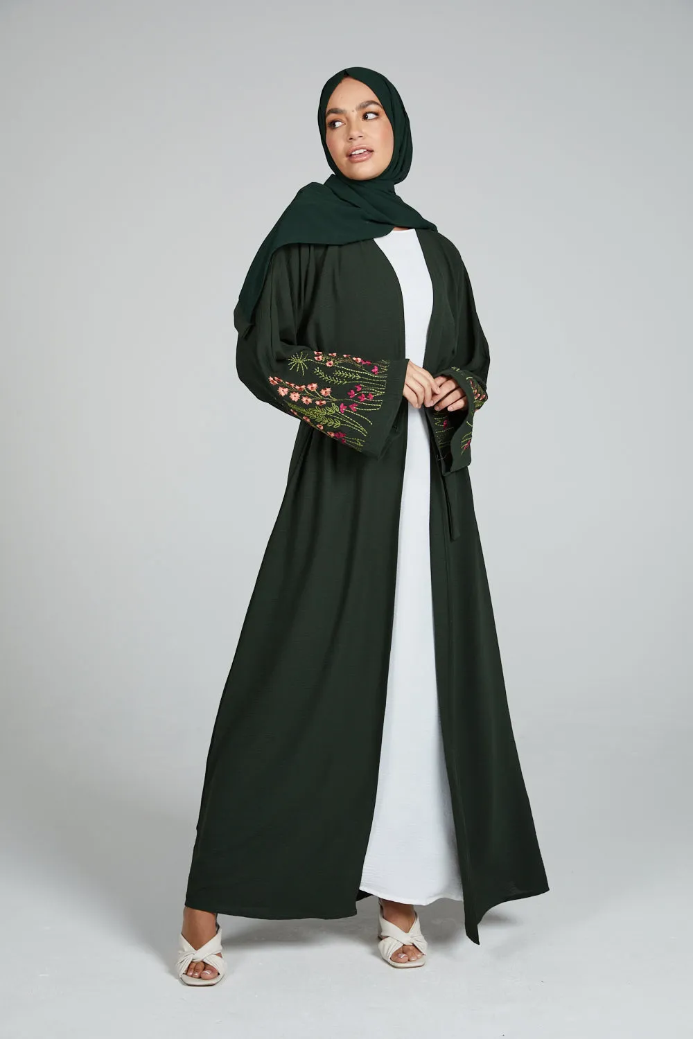 Blooming Embroidered Four Piece Open Abaya Set - Forest Green