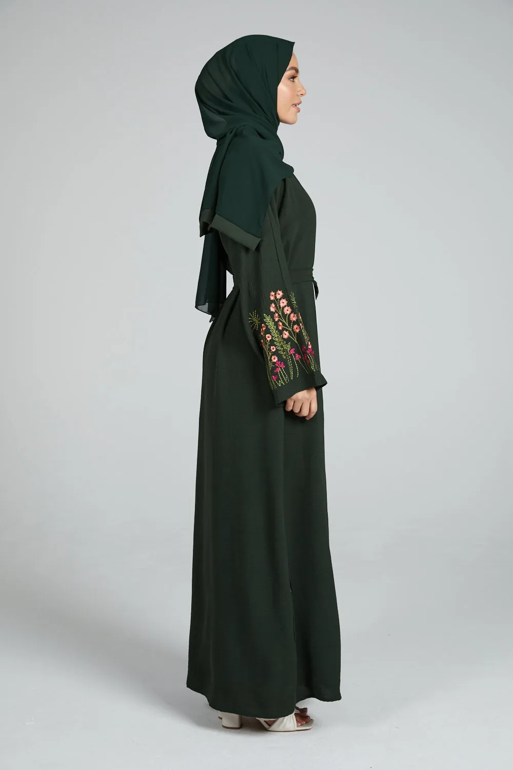 Blooming Embroidered Four Piece Open Abaya Set - Forest Green