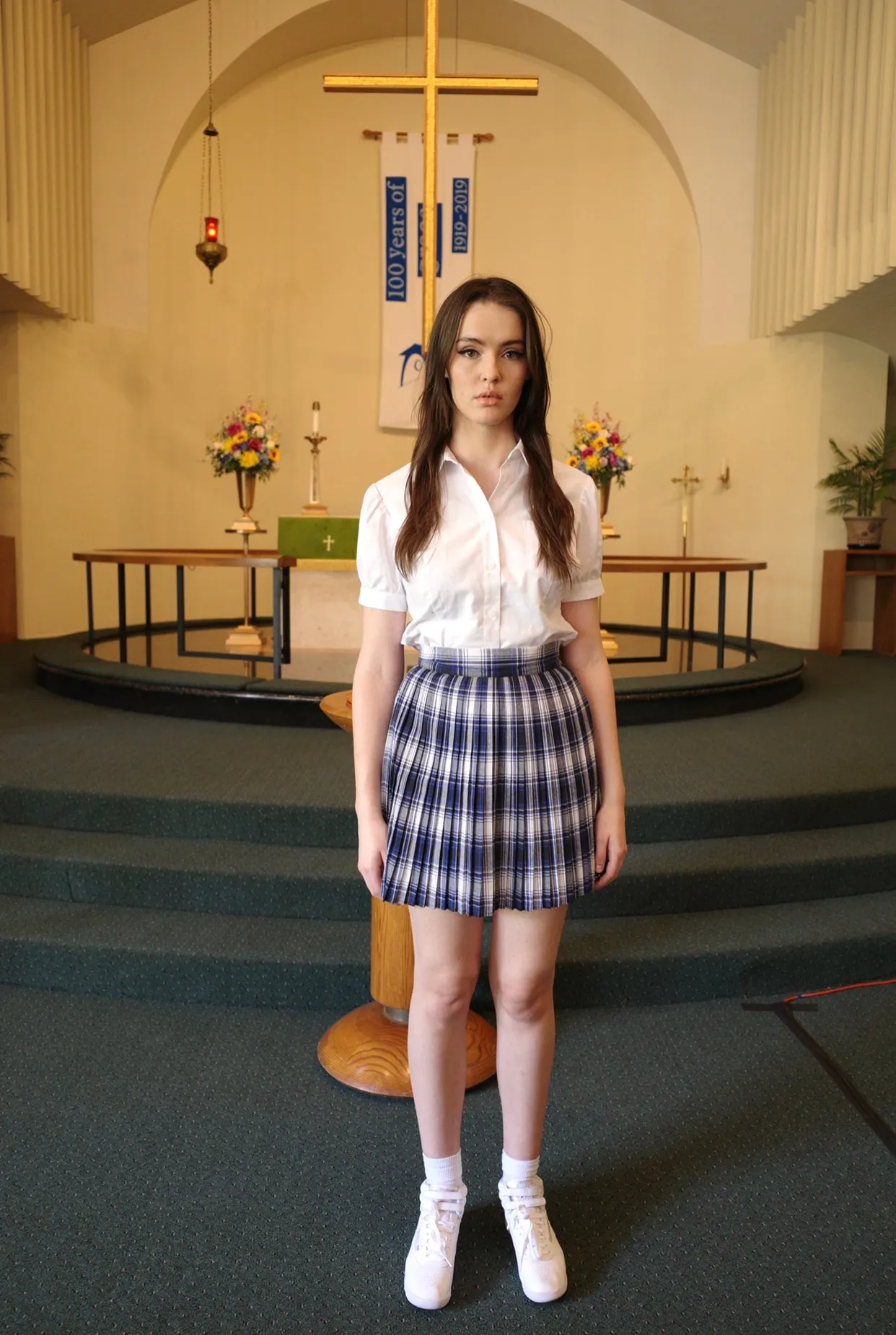 Blue check pleated skirt