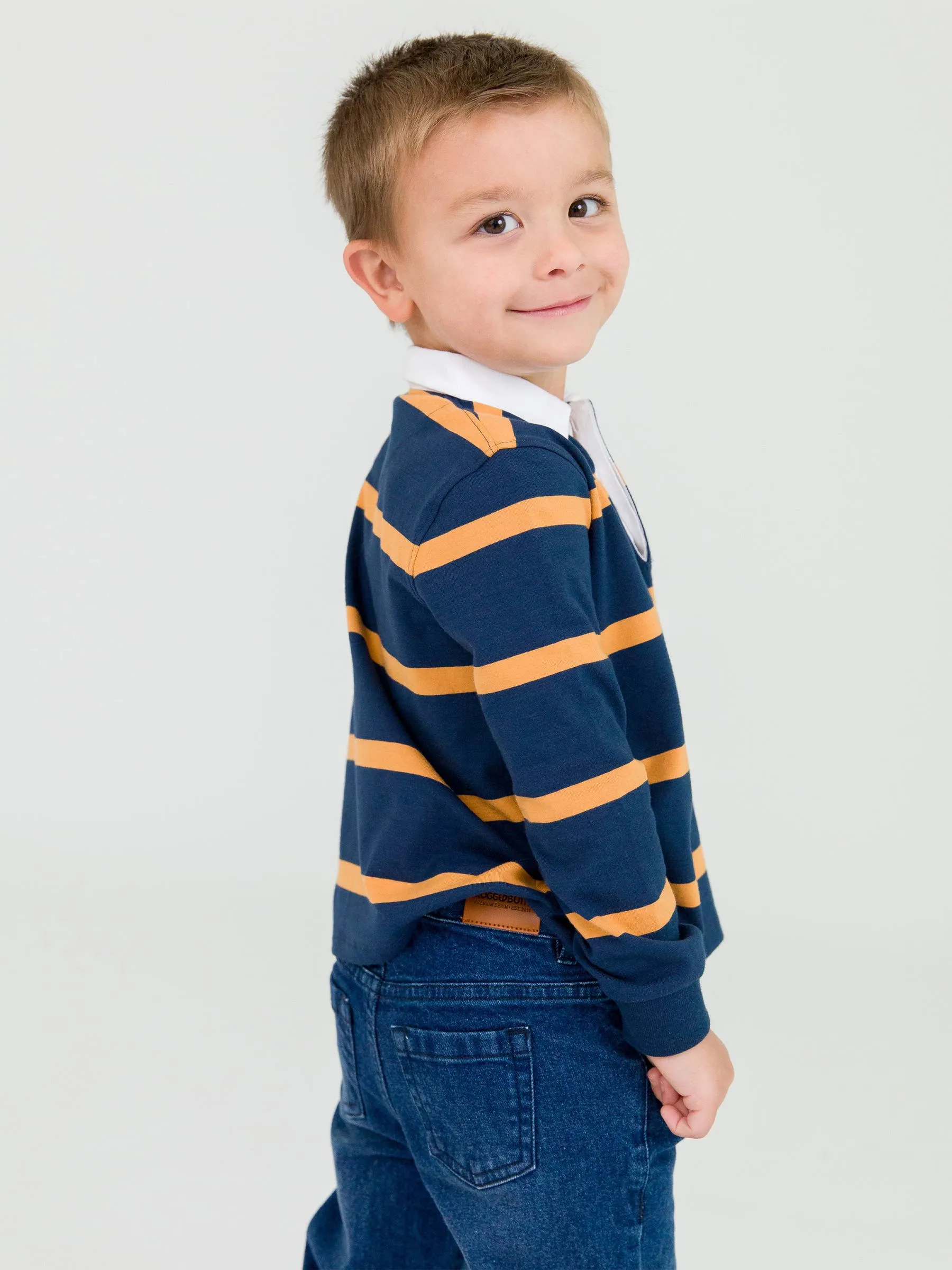 Boys Navy & Honey Wide Stripe Long Sleeve Rugby Polo