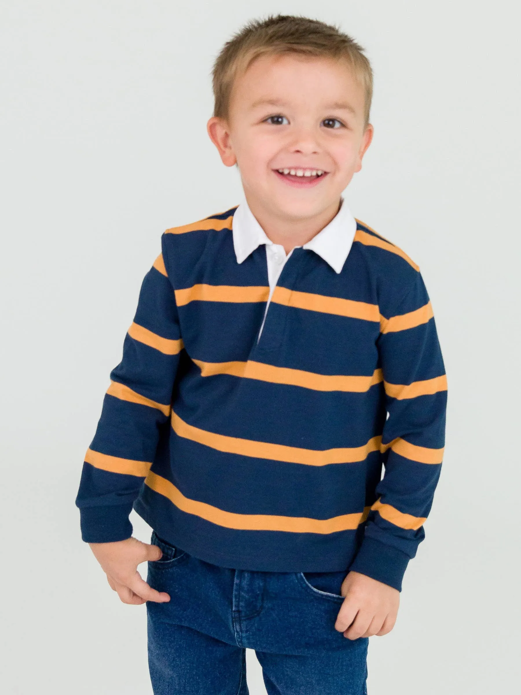 Boys Navy & Honey Wide Stripe Long Sleeve Rugby Polo