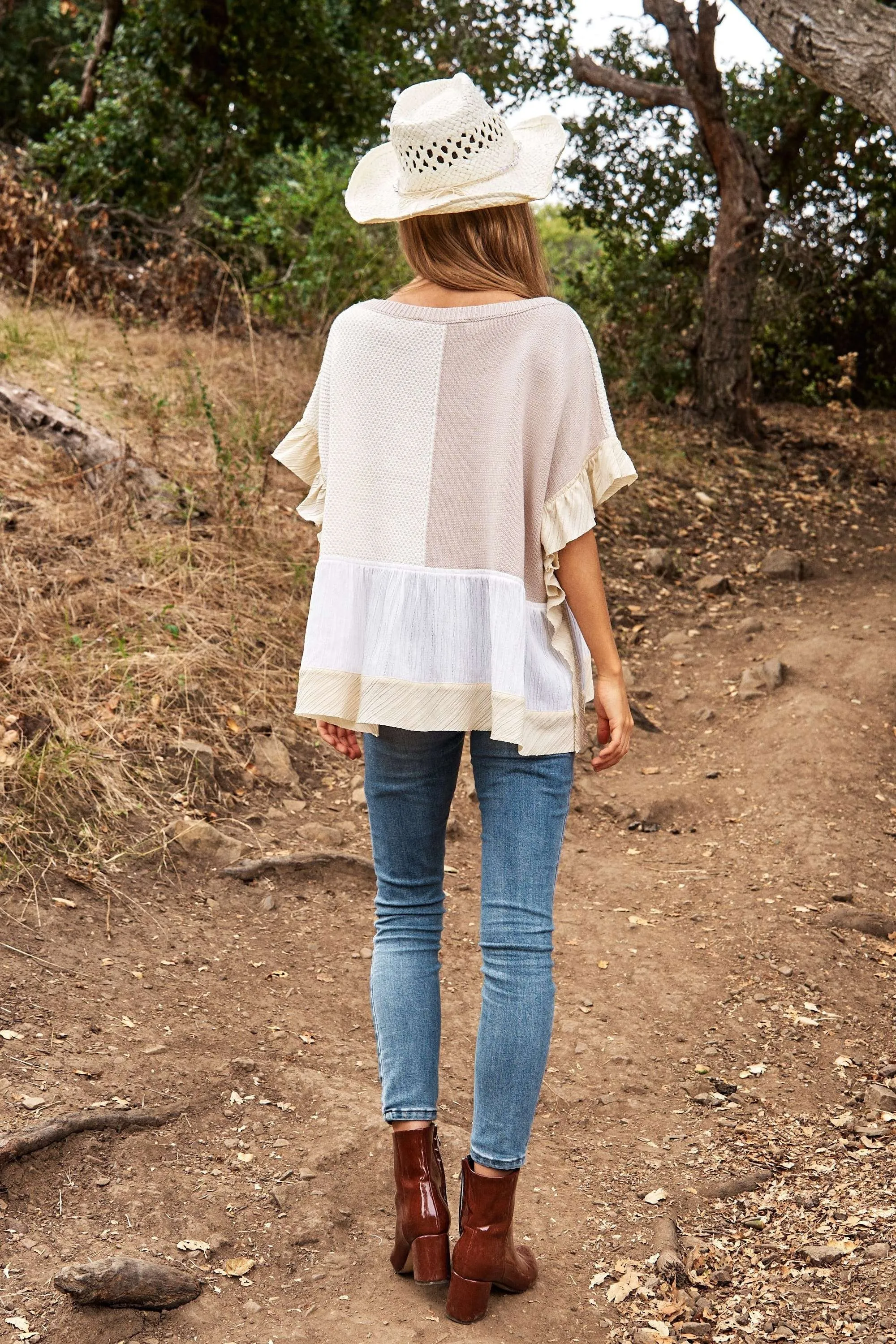 Davi & Dani Mix Match Textured Ruffle Detail Sweater Top