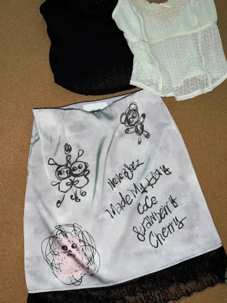 Faldas Mujer De Moda Japanese Skirts Women Patchwork Lace Graffiti Summer Jupe Slim Waist Vintage Saia Bodycon Mini Iskirt