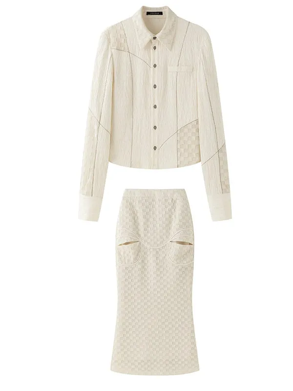 Fishtail Patchwork Chedked Chic Shirt＆Long-Skirt