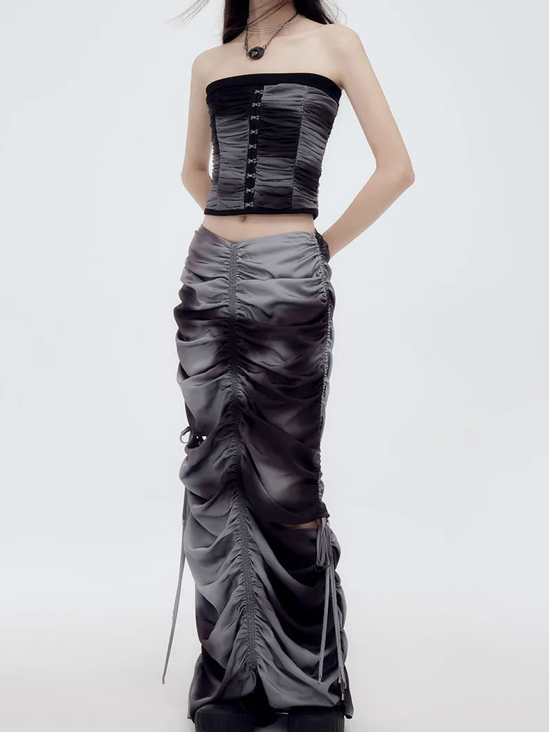 Gather Tie-Dye Drawstring Long-Skirt