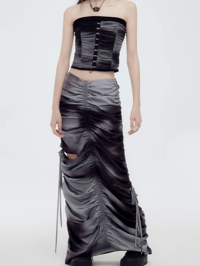 Gather Tie-Dye Drawstring Long-Skirt