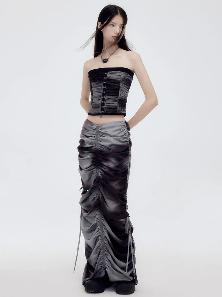 Gather Tie-Dye Drawstring Long-Skirt