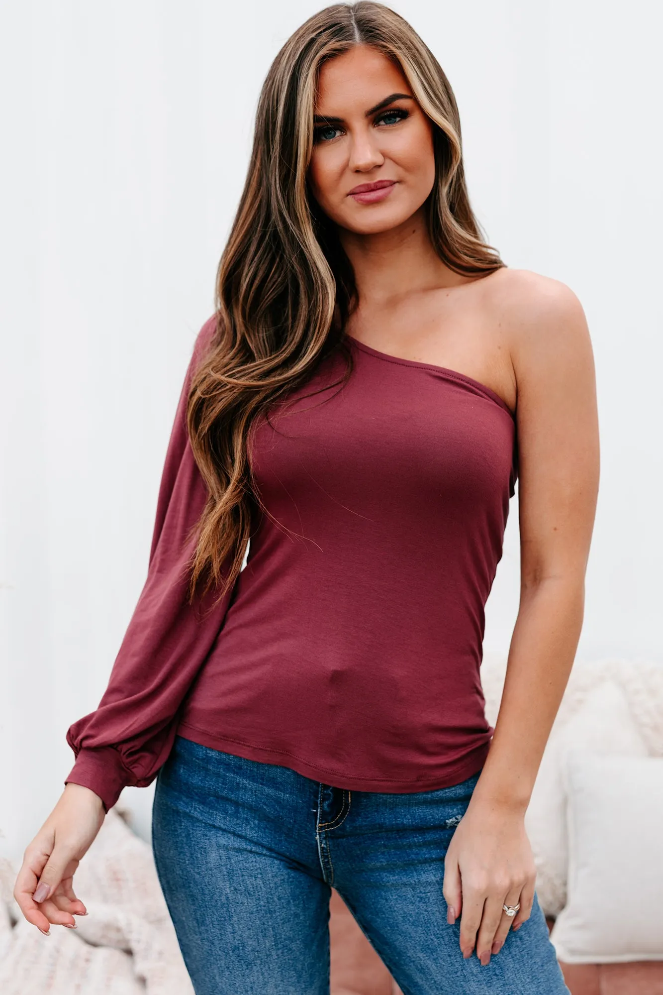 Get The Gossip One Shoulder Jersey Knit Top (Red Brown)