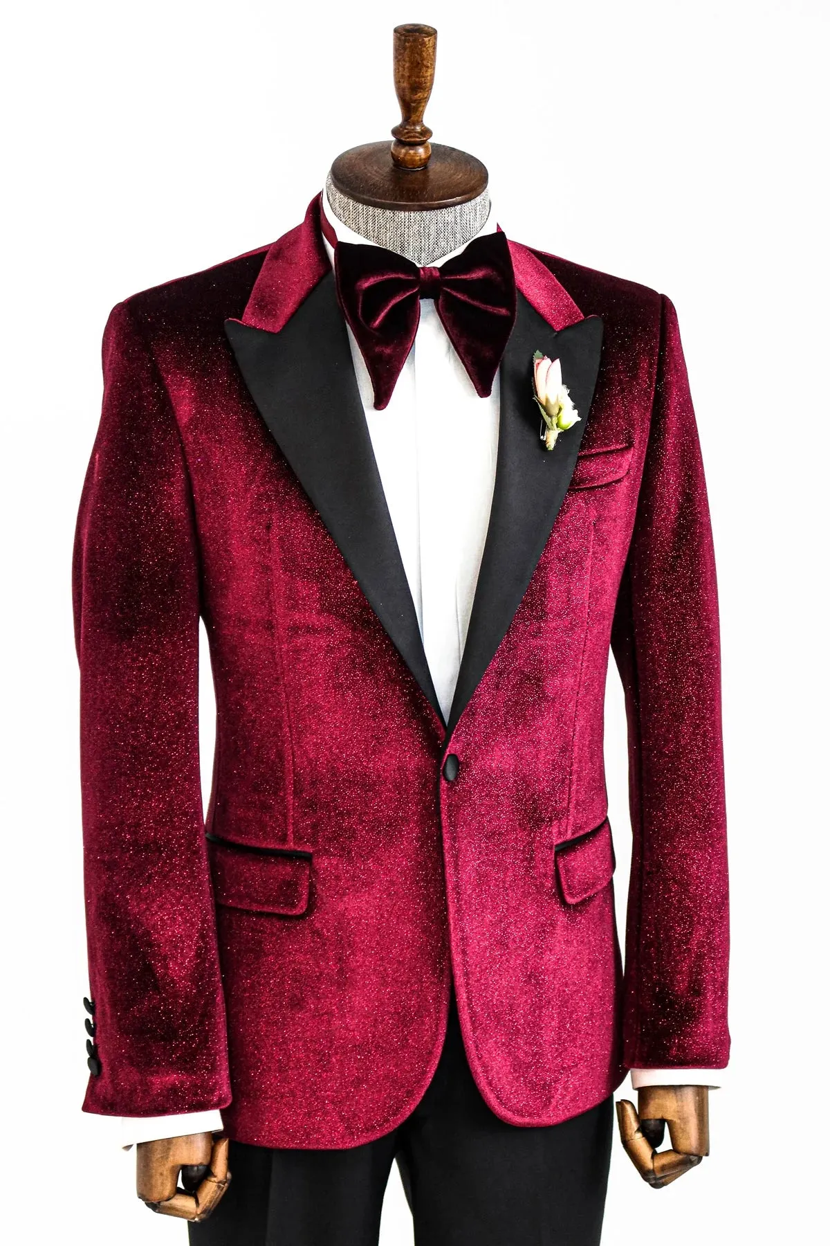 Glitter Burgundy Velvet Prom Blazer with Black Satin Lapel