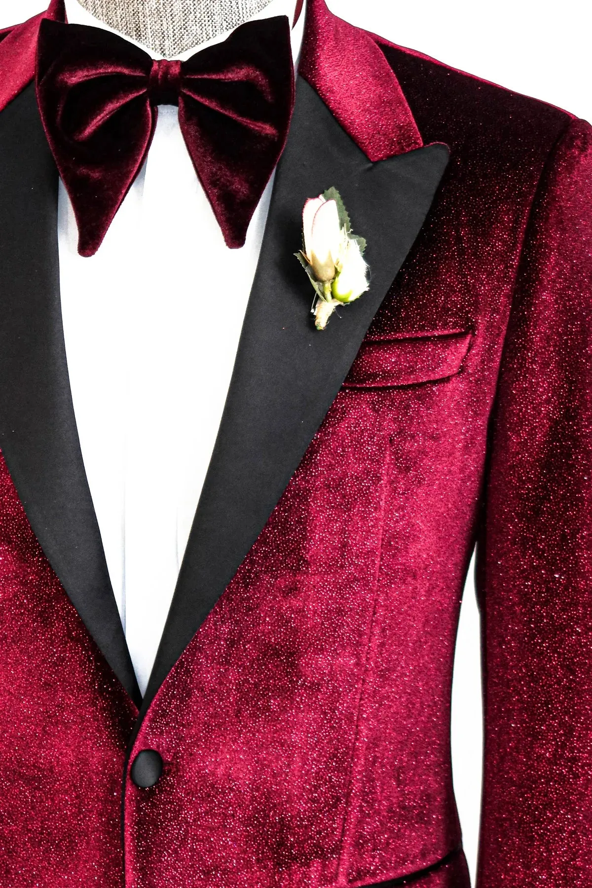 Glitter Burgundy Velvet Prom Blazer with Black Satin Lapel