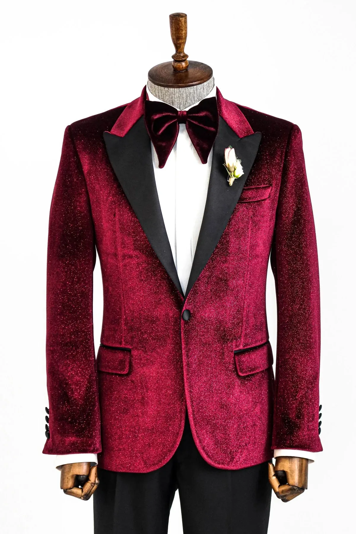 Glitter Burgundy Velvet Prom Blazer with Black Satin Lapel