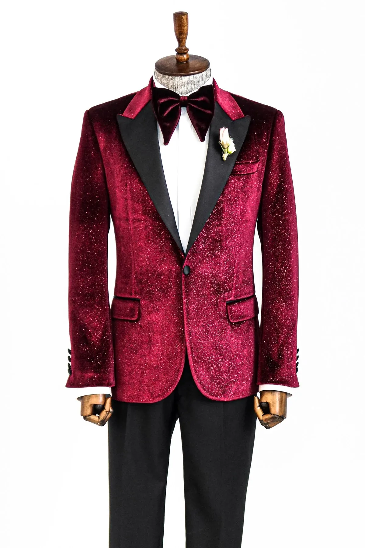 Glitter Burgundy Velvet Prom Blazer with Black Satin Lapel