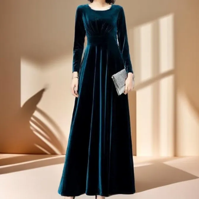 Gold Velvet Waist-Length A-Line Dress