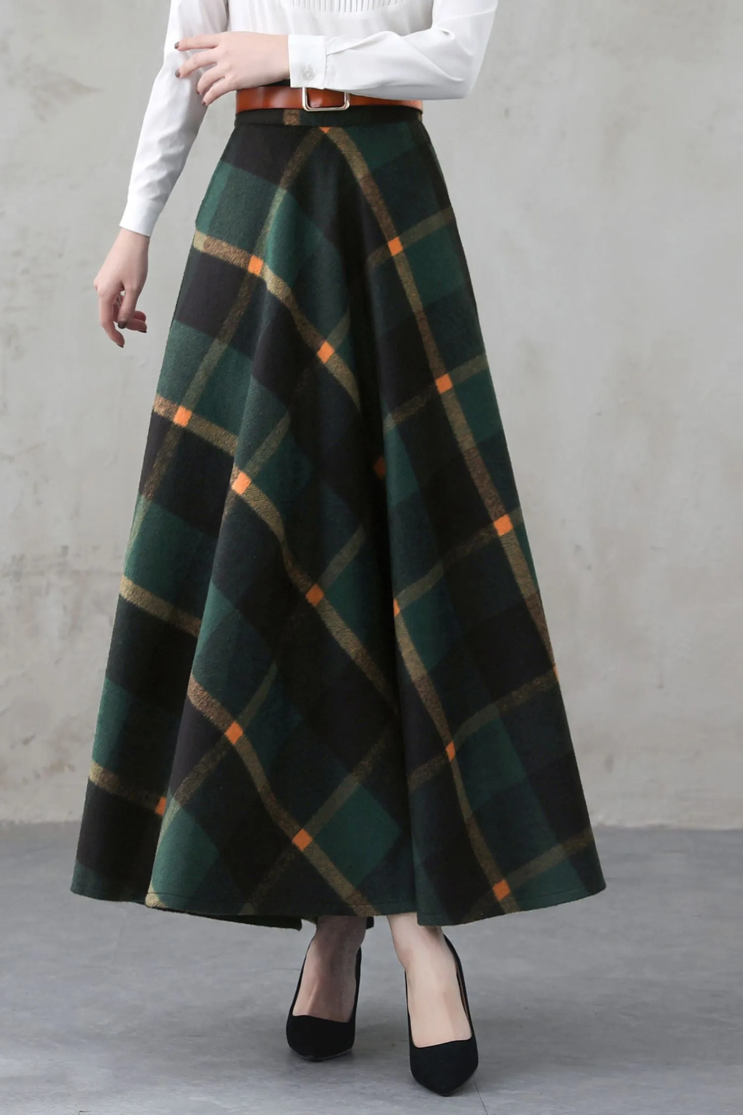 Green Long Winter Wool Plaid Skirt 5274