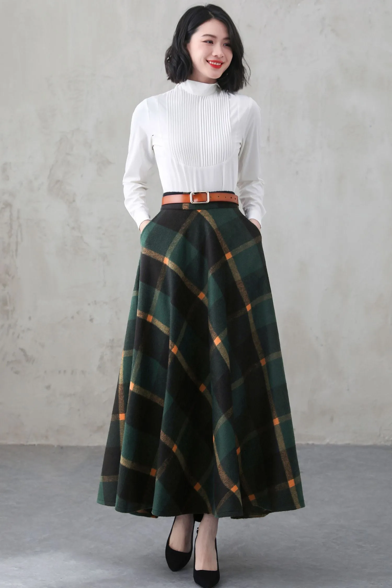Green Long Winter Wool Plaid Skirt 5274