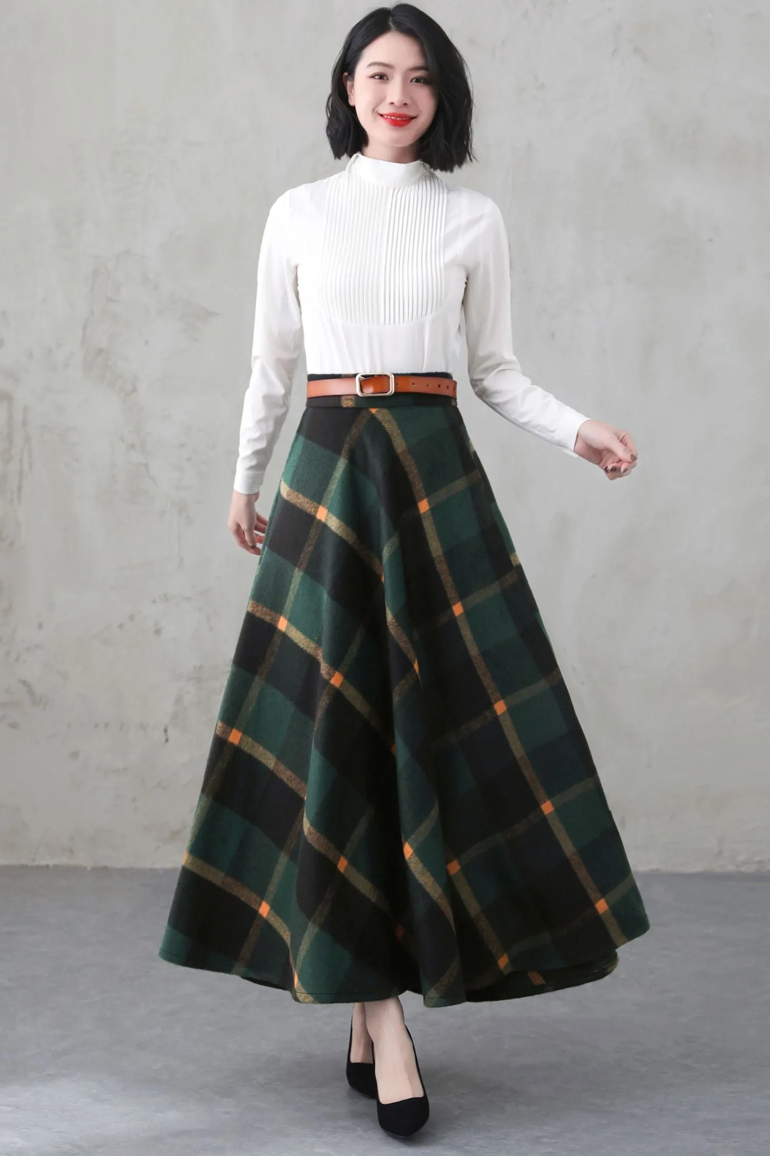 Green Long Winter Wool Plaid Skirt 5274