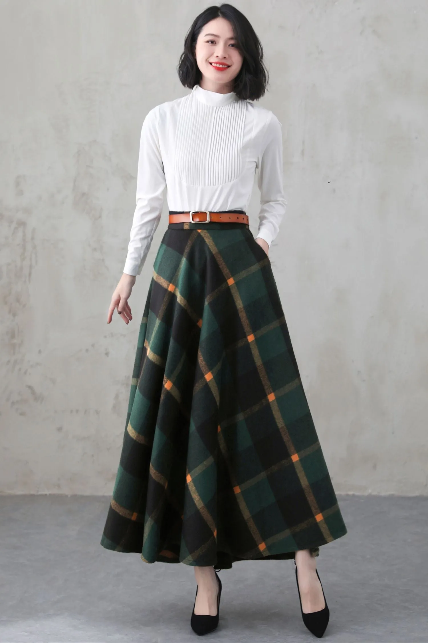 Green Long Winter Wool Plaid Skirt 5274