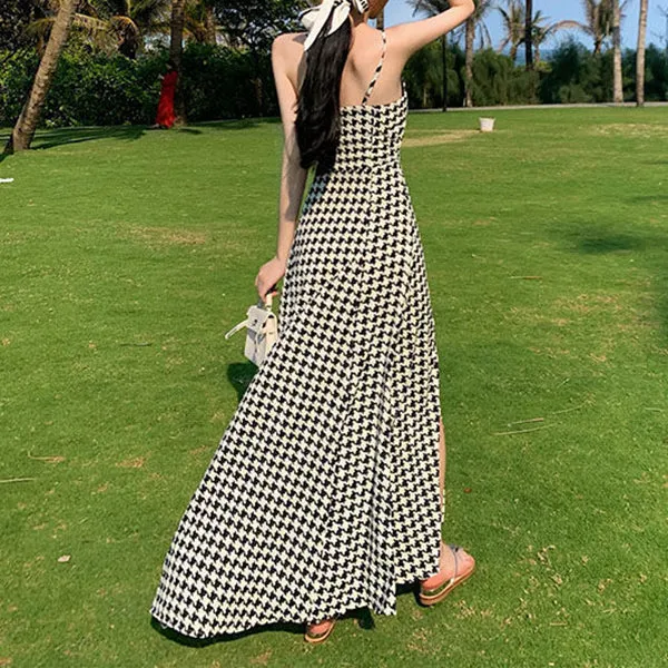 Houndstooth Slit Waist Slit Holiday Slip Dress