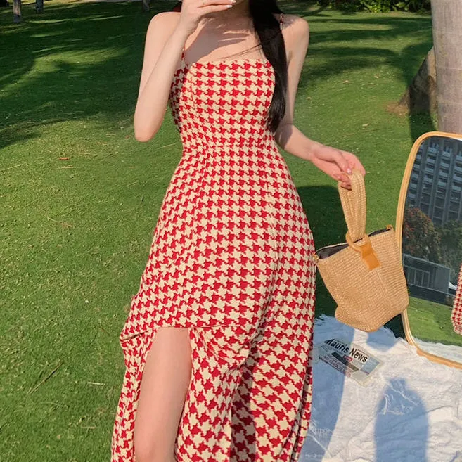 Houndstooth Slit Waist Slit Holiday Slip Dress
