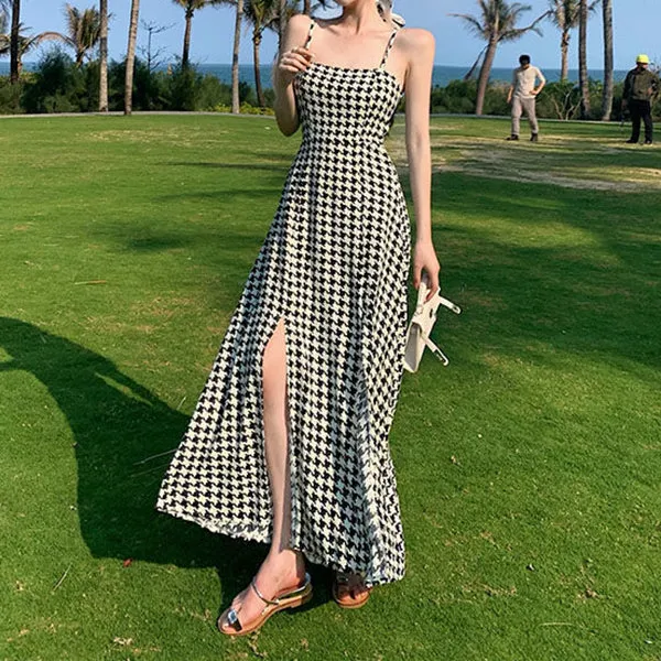 Houndstooth Slit Waist Slit Holiday Slip Dress