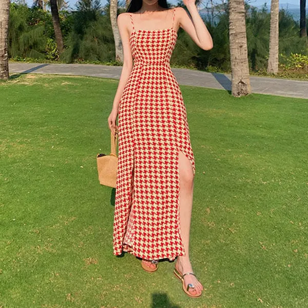 Houndstooth Slit Waist Slit Holiday Slip Dress