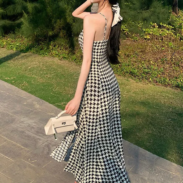 Houndstooth Slit Waist Slit Holiday Slip Dress