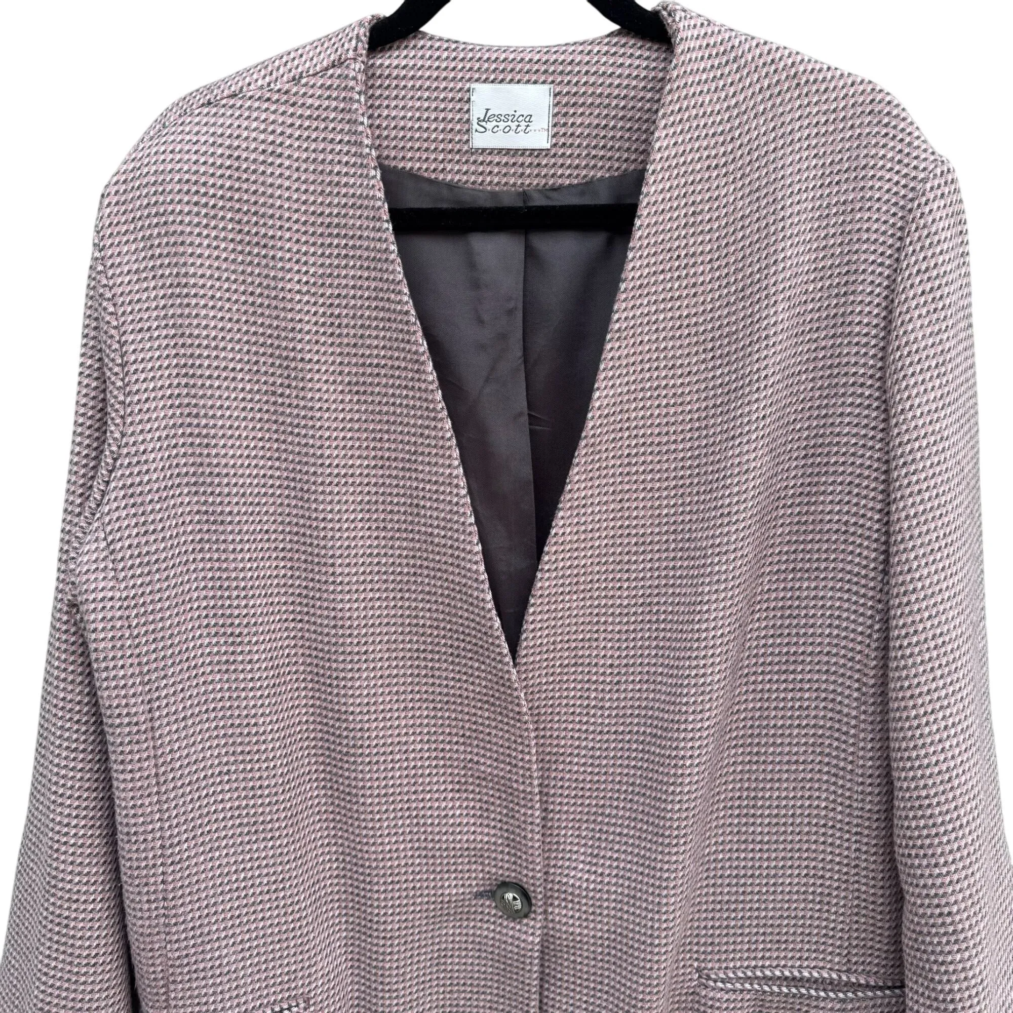 Jessica Scott Vintage Womens Pink Black Wool Blend Houndstooth Blazer Jacket 14