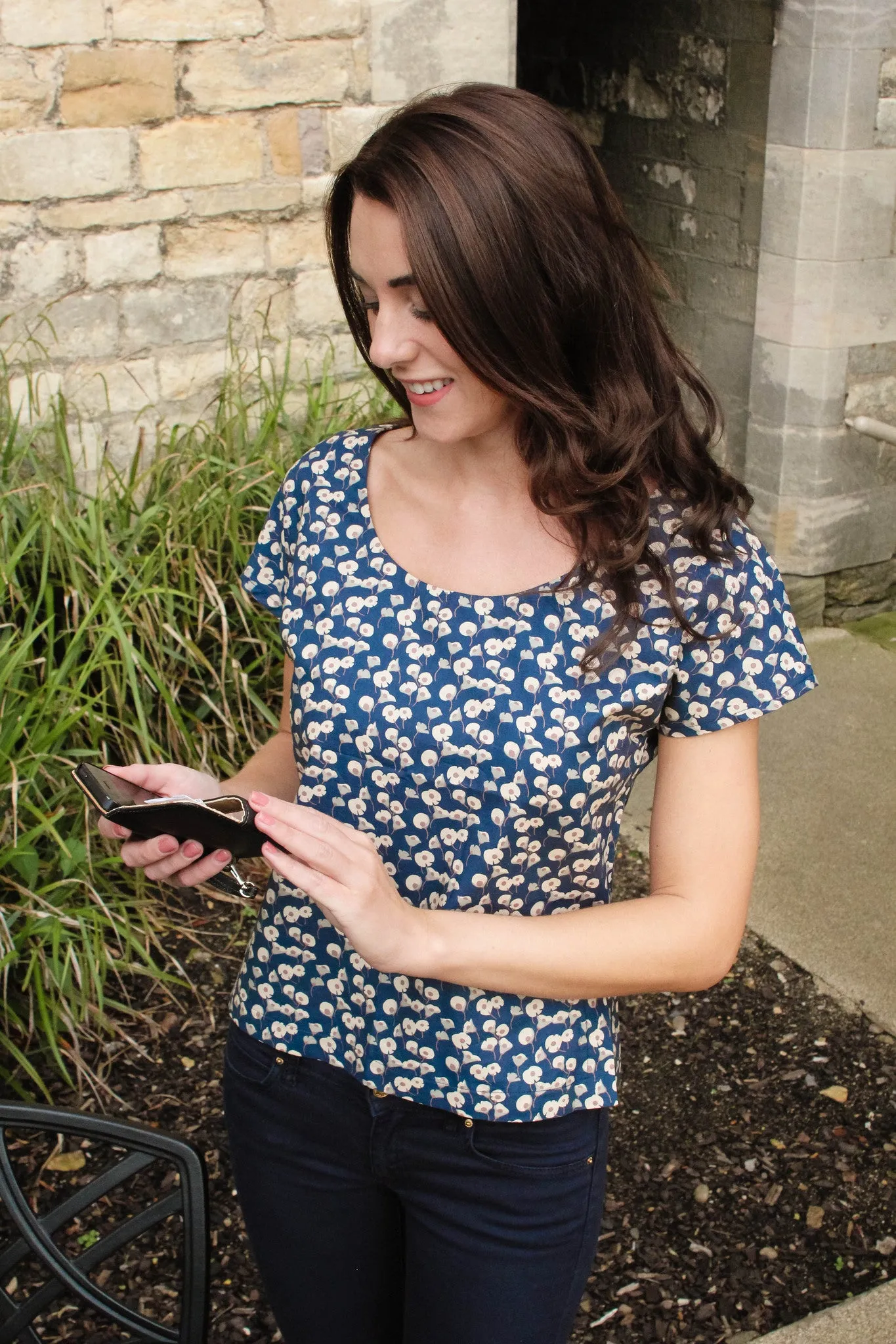 Navy Floral Print Hand made Cotton Top