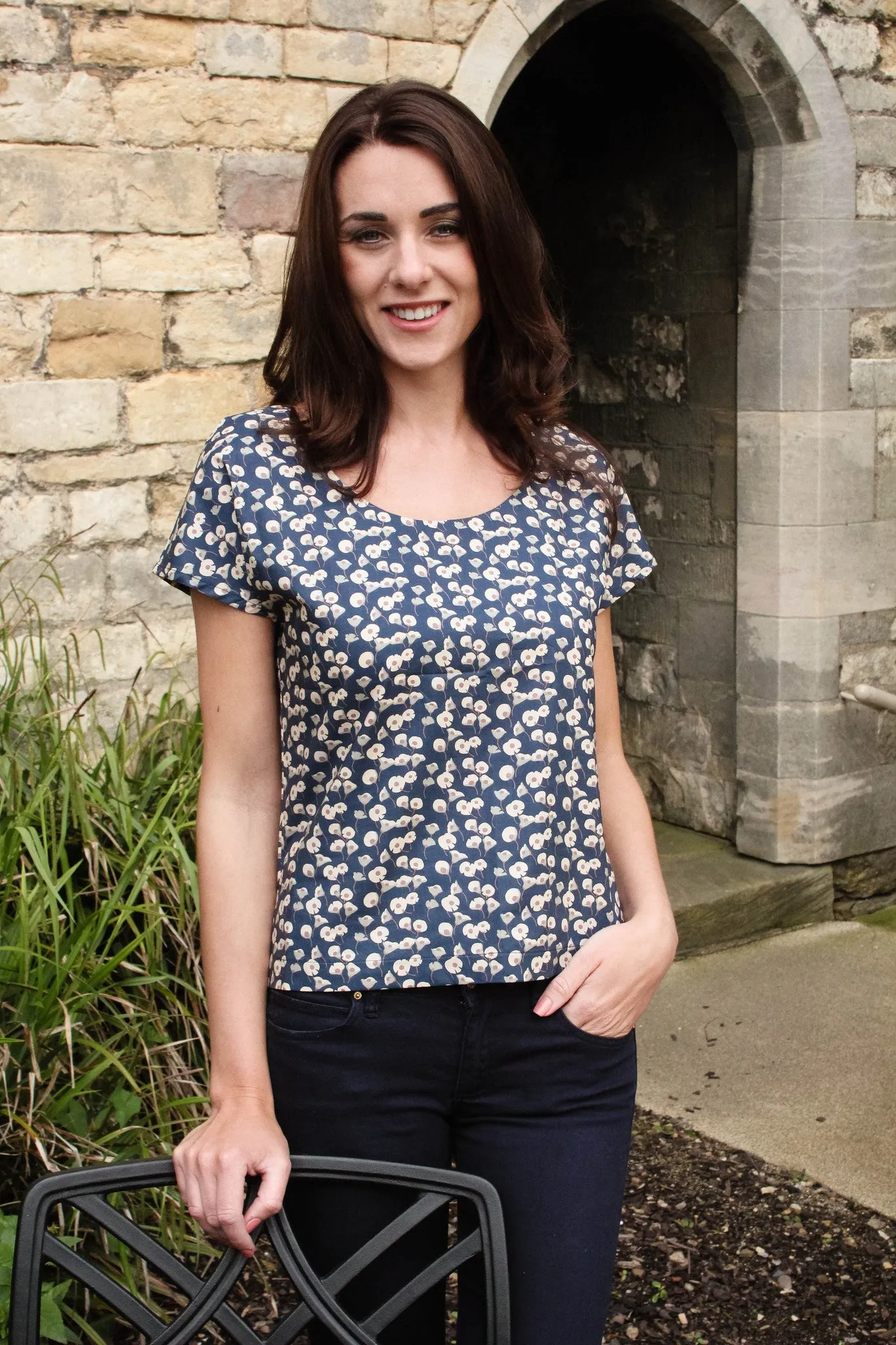 Navy Floral Print Hand made Cotton Top