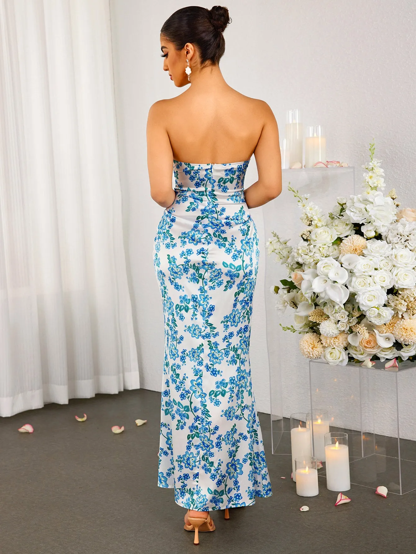 Off Shoulder Ruched Bust Floral Tube Dress