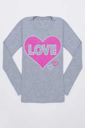 Pink Heart Cute Long Sleeve Gray Tee - Girls