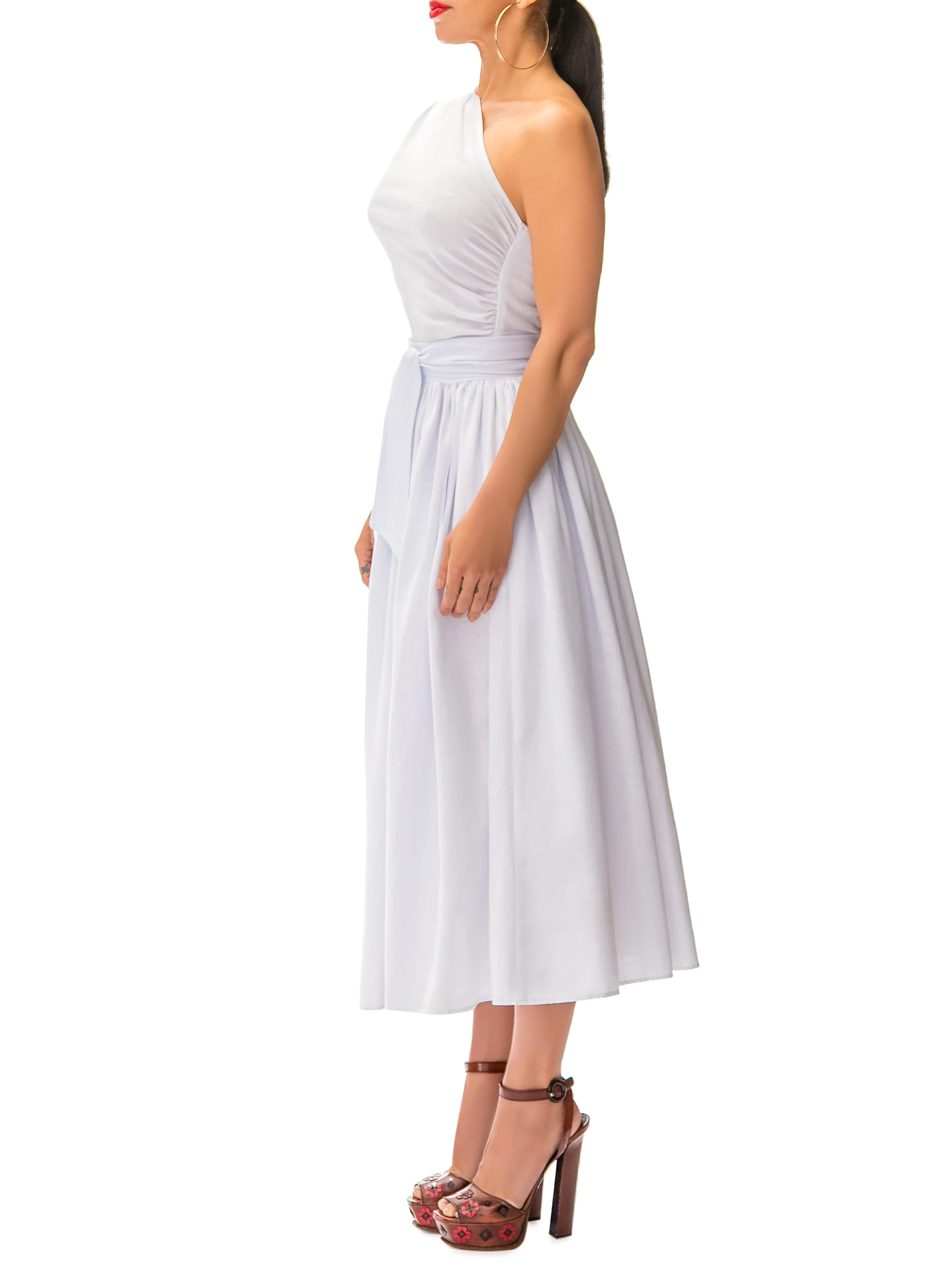 "Santa Cruz" White One Shoulder Midi Dress