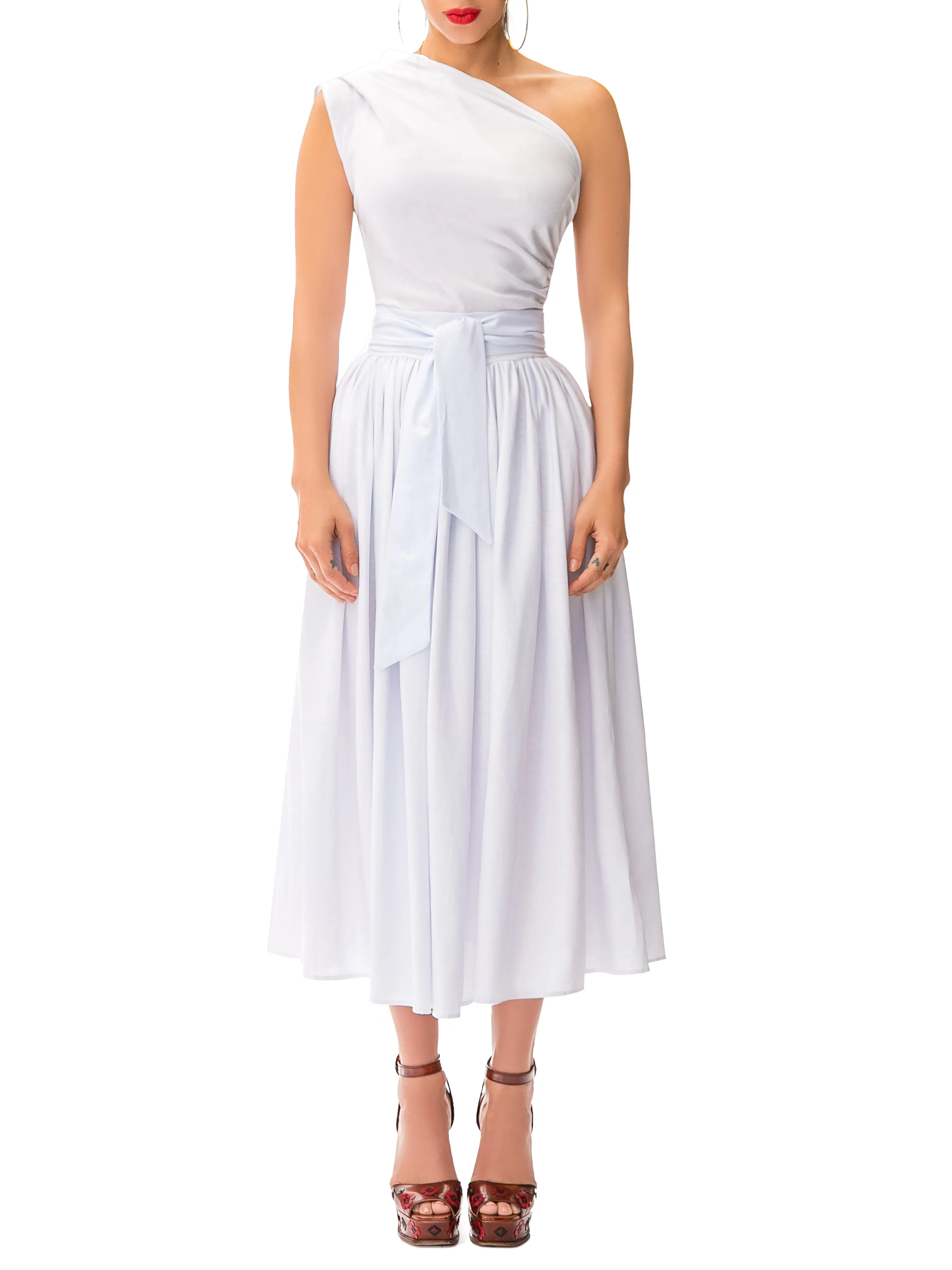 "Santa Cruz" White One Shoulder Midi Dress