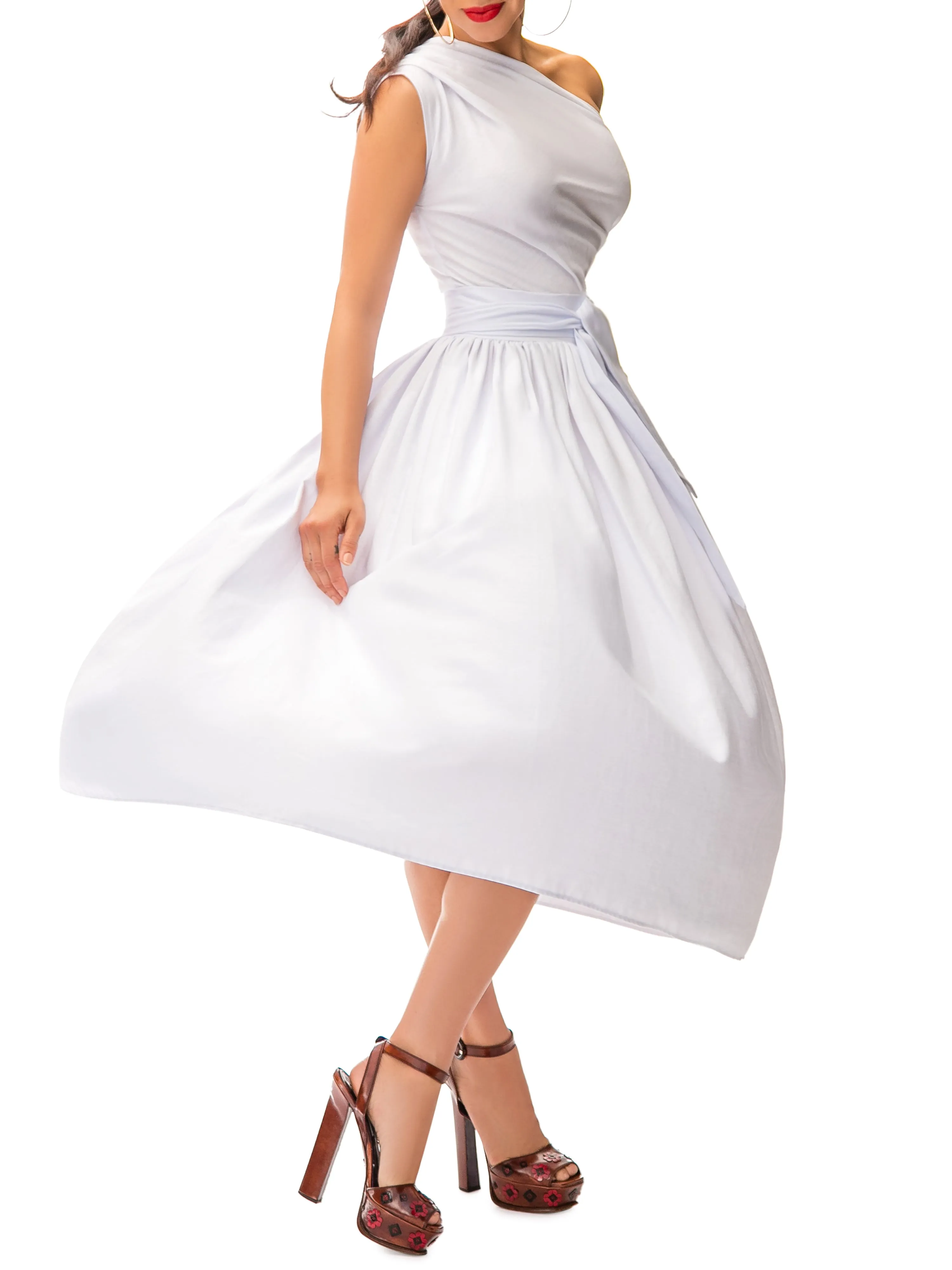 "Santa Cruz" White One Shoulder Midi Dress