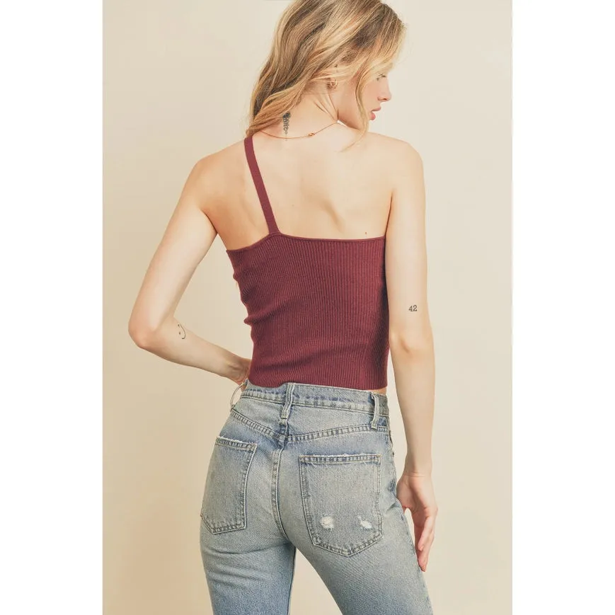 Ribbed Knit One Shoulder Top Burgundy