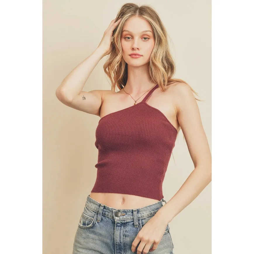 Ribbed Knit One Shoulder Top Burgundy