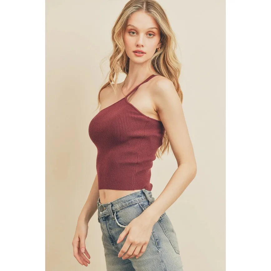 Ribbed Knit One Shoulder Top Burgundy