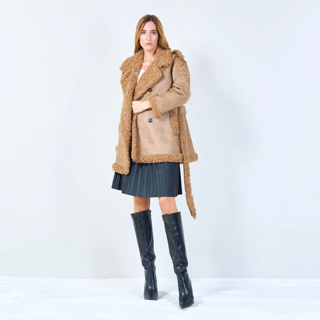 Shearling-lined belted coat with oversized lapels wholesale